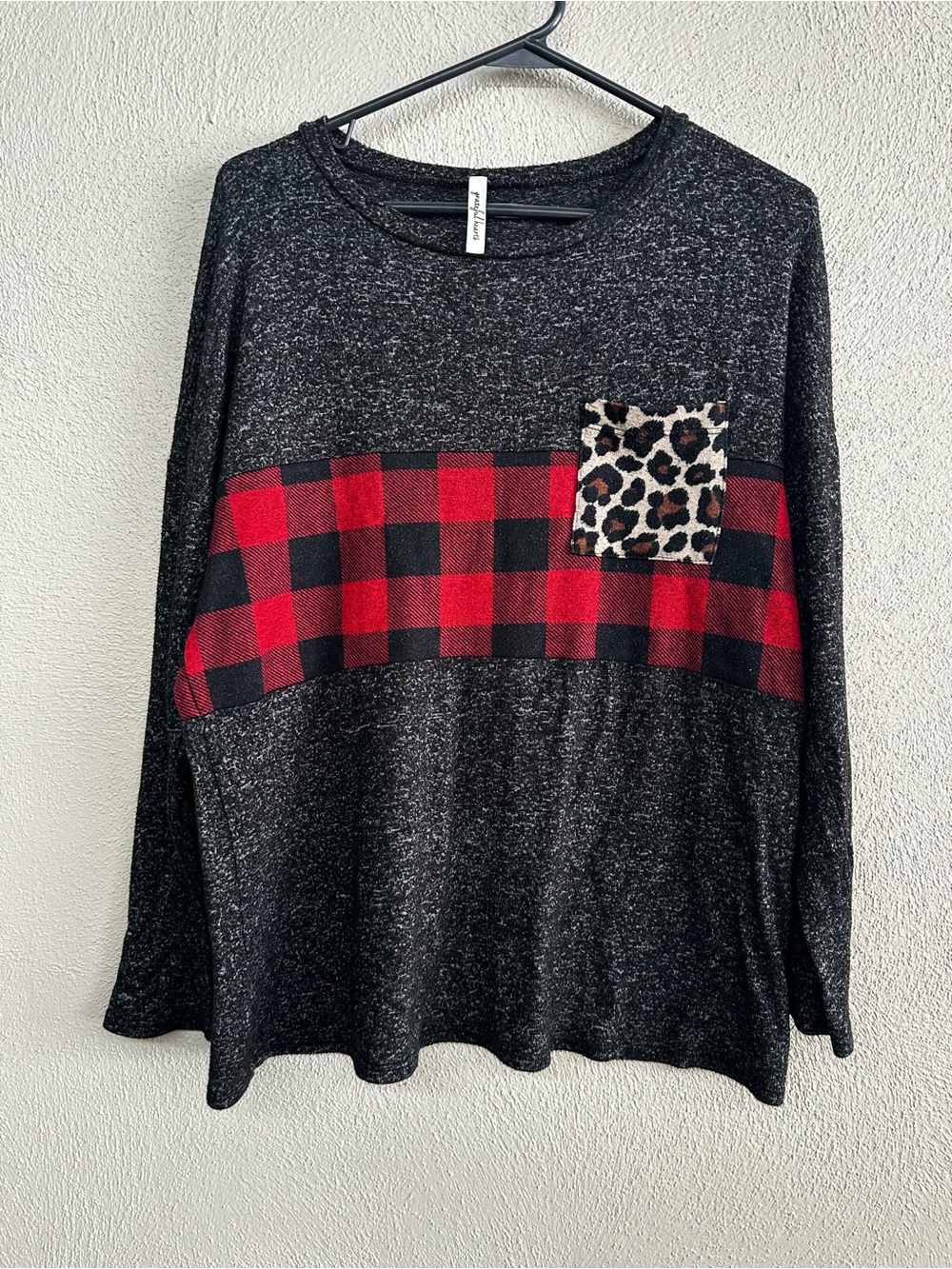 Girls' Black Heather Long-Sleeve Tee with Red Buffalo Plaid & Leopard Pocket